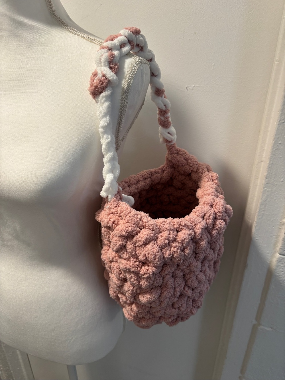 Textured Plush Pink Shoulder Bag with Braided Strap